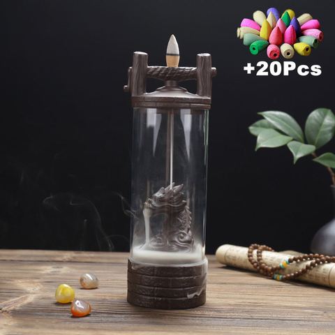 20Cones Chinese Dragon Incense Burner Ceramic Waterfall LED Light Incense Cones Holder Aroma Censer With Acrylic Windproof Cover ► Photo 1/6