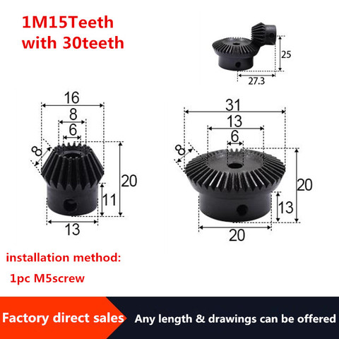 2pcs 1:2 Bevel Gear 1Modulus 15Teeth + 30teeth Inner Hole 6mm 90 Degree Drive Commutation Steel Gears Steel Gears Screw M5 ► Photo 1/2