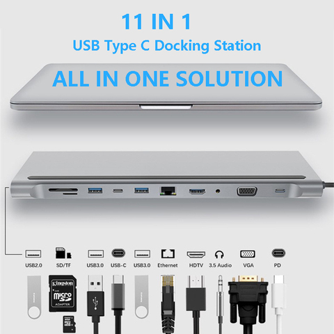 11 in 1 USB Type C Hub Adapter Laptop Docking Station HDMI VGA RJ45 PD For MacBook HP Lenovo Surface Compatible Thunderbolt 3 ► Photo 1/6