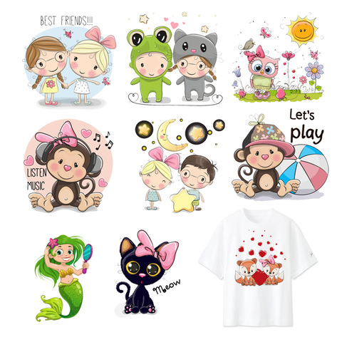 Cute Monkey Cat Heat Transfers Patches Boy Girl Animals Iron On Sticker T-shirt Dresses Patch DIY Clothes Applique Decoration F ► Photo 1/6