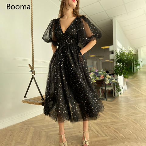 Booma Black Starry Tulle Prom Dresses Sparkly V-Neck Half Puff Sleeves Wedding Party Dresses Buttoned Top Tea-Length Prom Gowns ► Photo 1/4