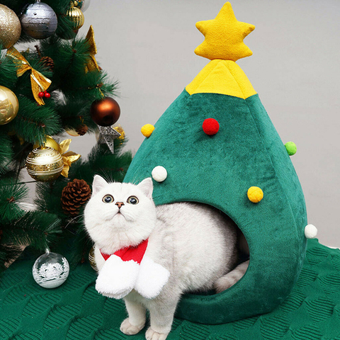 Merry Christmas Dog Cat Bed House Winter Warm Christmas Tree Dog Cat Home Soft Nest Pet Bed Cat Cave Tent Litter Box Pet Mat Pad ► Photo 1/6