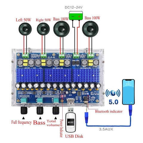 Bluetooth 5.0 TPA3116D2 4 Channel 50Wx2+100Wx2 Digital power amplifier board Stereo Dual Bass Subwoofer AMP home theater XH-A310 ► Photo 1/6