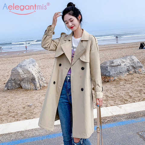 Aelegantmis Women Casual Long Trench Coat With Sashes Double Breasted Women's Windbreaker 2022 Chic Office Coat Ladies Outerwear ► Photo 1/6
