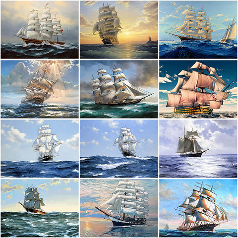 DIY 5D Diamond Painting Ship on Sea Full Round Diamond Embroidery Cross Stitch Kits Landscape Patterns Rhinestone Mosaic Decor ► Photo 1/6