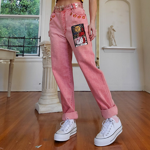 Vintage Pink Women‘s Jeans Pants Mid-waist Sun Star Pattern Young Girl Denim Trousers Summer Autumn Female Cute Jeans Cartoon ► Photo 1/6