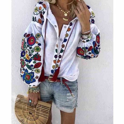 Women Autumn Clothes Long Sleeve Shirt Flower V-Neck Casual Loose Top Ladies Blouse Tee ► Photo 1/5
