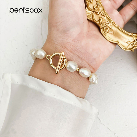 Peri'sbox Gold Round Toggle Clasp Pearl Bracelet Genuine Freshwater Pearl Bracelets Dainty White Pearl Bracelet For Women 2022 ► Photo 1/6