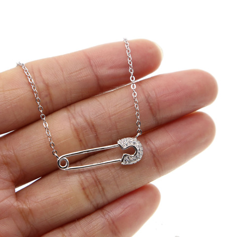 2022 Delicate 925 sterling silver drop shipping charm dainty paper clip paved small cz stone necklace Safety Pin for women girls ► Photo 1/3