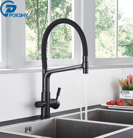 POIQIHY Pure Water Filter Kitchen Faucet Pull Down Filtered Faucets Black Brass Crane Dual Handle Spout Hot Cold Mixer Tap ► Photo 1/6