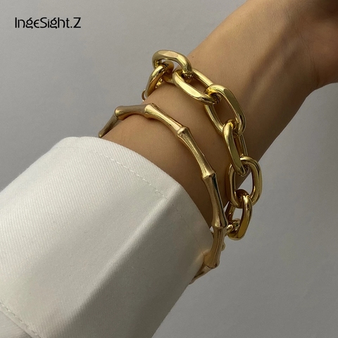 IngeSight.Z 2Pcs/Lot Punk Miami Curb Cuban Thick Bracelets Bangles Carved Coin Pendant Gold Color Chunky Bamboo Bracelet Jewelry ► Photo 1/6