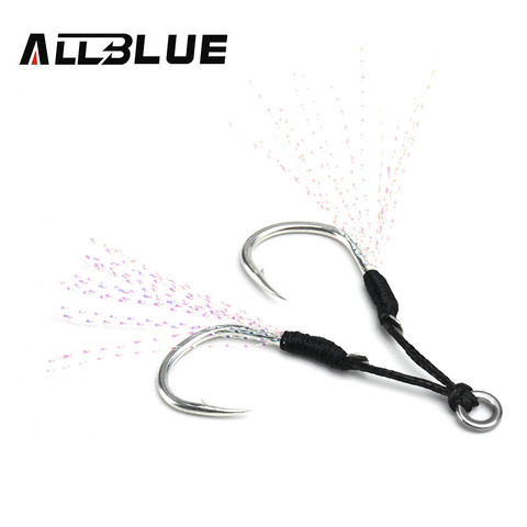 ALLBLUE 4pairs/lot Metal Jig Assist Hook With PE Line Feather Solid Ring Jigging Spoon Saltwater Fishhook for 5-80g Lure ► Photo 1/6