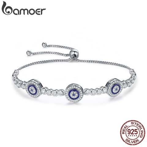 BAMOER New Arrival Genuine 925 Sterling Silver Luxury Round Blue Eyes Clear Cubic Zircon Crystal Tennis Bracelet Jewelry SCB002 ► Photo 1/5