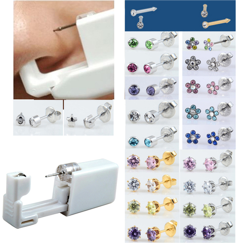 1pc Sterlised Disposable Safety No Pain Nose Ear Piercing Device+Sterile Bezel Crystal Stud Flower Ear Piercer Body Jewelry ► Photo 1/6