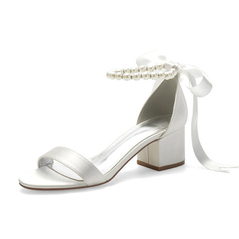 Mid Heels Satin Pearls Wedding Sandals Open Toe Ribbon Tie Block Heel Prom Evening Formal Party Dress Sandals Shoes ► Photo 1/6