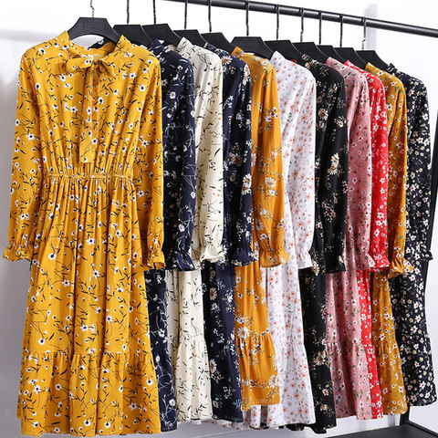 29 Colors Beautiful Fashion Spring Autumn Women Long Sleeve Dress Retro Collar Casual Slim Dresses Floral Printing Chiffon Sexy ► Photo 1/6