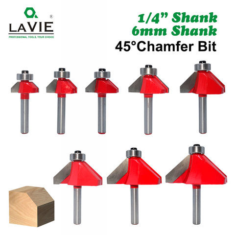LAVIE 1pc 6mm 6.35mm Shank 45 Degree Chamfer Router Bit Edge Forming Bevel Woodworking Milling Cutter for Wood Bits MC01130 ► Photo 1/6
