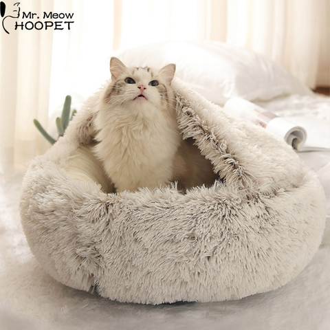 Hoopet NEW 2-In-1 Round Plush Cat Bed Winter Warm Cave Pet Cat Small Dog Sleeping Nest Kennel Soft Nest Non Slip Bottom Mat ► Photo 1/6