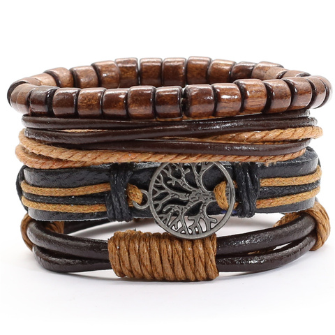 Khaki Brown Handmade Tree New Punk 4 pcs/set Multilayer Wood Beads Charm Leather Bracelets Men Bracelets Women Homme Jewelry ► Photo 1/6