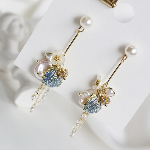 2022 New fashion joker pearl flowers Women earrings  long sweet contracted metal shell modelling Drop earrings Jewelry ► Photo 1/6