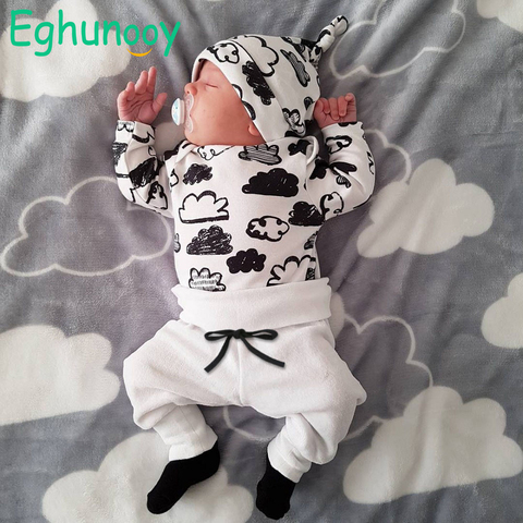 3 Pcs Newborn Baby Boys Clothes Set Cloud Print Cotton Long Sleeve T-Shirt+Casual Solid Color Pant+Hat Infant Clothing Outfits ► Photo 1/6