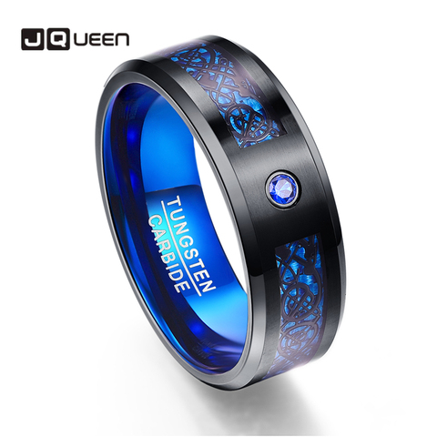 AAA Quality Foreign Trade Carbon Fiber Scrub Blue Zircon Men Rings 100% Tungsten Carbide Anillos para hombres Black Dragon ► Photo 1/6