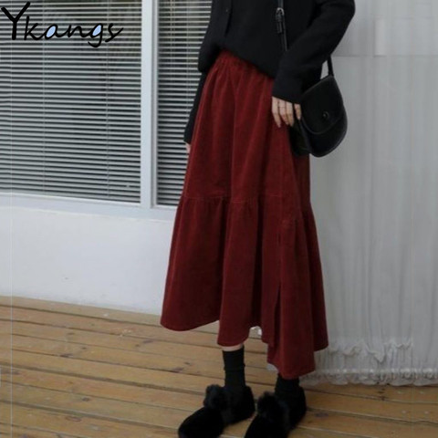 Plus Size Autumn Winter Corduroy Skirt Women Vintage Wine red Midi Long Skirts Female Elastic High Waist A-line Pleated Skirt ► Photo 1/6