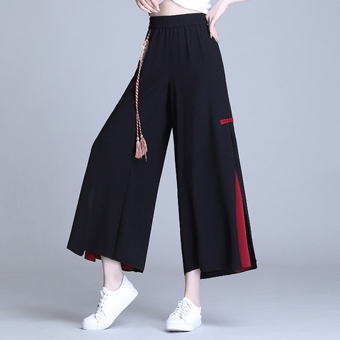 Chinese Style Women'S Pants 2022 New Summer Hippie Ethnic Loose Black Slit Wide Leg Pant Femme Pantalones Kimonos Trousers 11806 ► Photo 1/6