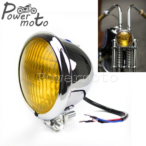 Chrome Yellow Glass Vintage Cafe Racer Bobber Headlamp 4.5“ Headlight Brat Chopper Custom Motorcycle 4.5