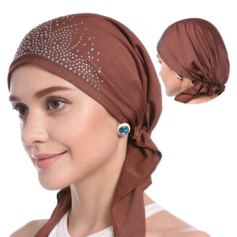 2022 Fashion Muslim Headscarf Hat Thin Summer Women Inner Hijab Bonnet Solid Diamond Turban Caps India Head Wrap Hats For Lady ► Photo 1/6