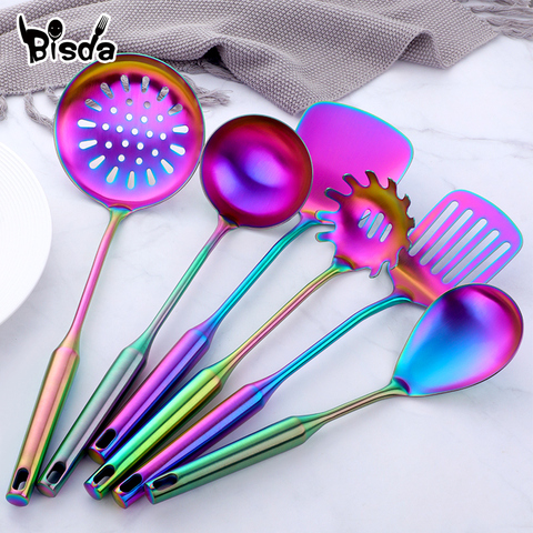 1pc Rainbow Kitchen Tool Stainless Cooking Server Long Handle Kitchenware Matt Spatula Slotted Turner Steel Kitchen Accessories ► Photo 1/6