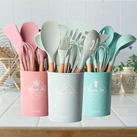 Silicone Cooking Utensils Set Non-Stick Spatula Shovel Wooden Handle Cooking  Tools Set With Storage Box