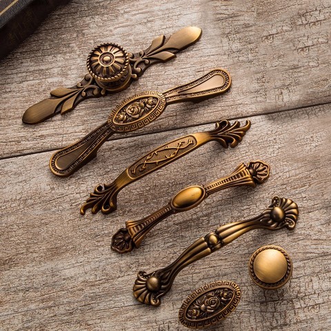 Yellow Bronze Door Handles Noble Antique Drawer Pulls Vintage Kitchen Cabinet Handles and Knobs Retro Furniture Handles ► Photo 1/6