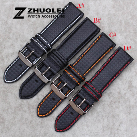 18mm 20mm 22mm 24mm Mens Watch Band Carbon Fibre Watch Strap with Red Stitched + Leather Lining Stainless Steel Clasp watchband ► Photo 1/6