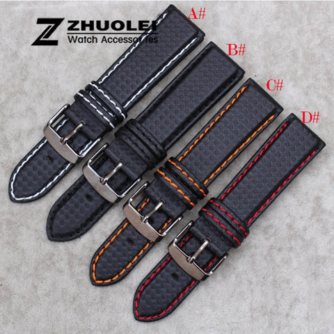 18mm 20mm 22mm 24mm Mens Watch Band Carbon Fibre Watch Strap with Red Stitched + Leather Lining Stainless Steel Clasp watchband ► Photo 1/6