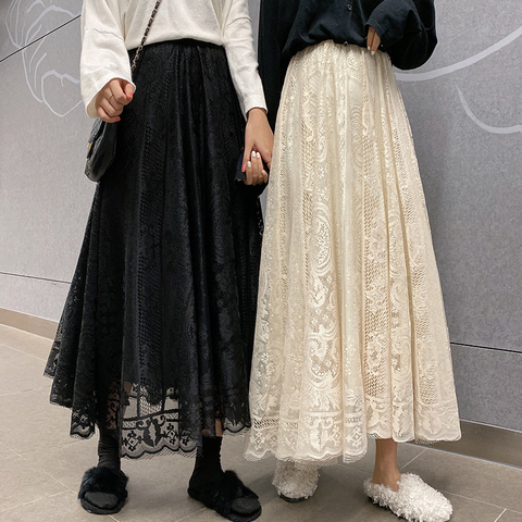 Elastic High Waist Lace Skirts Women Spring Summer Skirt 2022 Korean Elegant Casual A-line Black Apricot Long Maxi Skirts X091 ► Photo 1/6