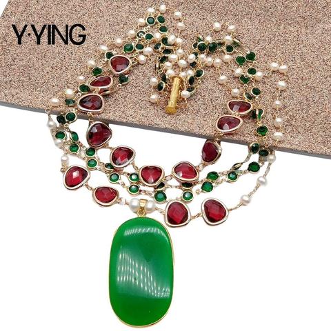 Y·YING natural 4 Strands Cultured White freshwater Pearl Red Crystal Bezel Chain statement Necklace green stone pendant necklace ► Photo 1/6