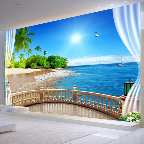 Custom 3D Poster Photo Wall Painting Balcony Window Sea View Large Mural Beach Landscape Living Room Bedroom Decor Wallpaper 3D ► Photo 1/6