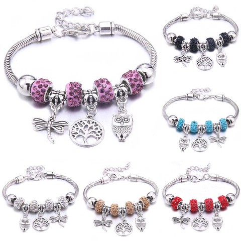 Dropshipping dragonfly owl Shape Crystal Charm Bracelets Beads Bracelet Women DIY Beads Brand Bracelets & Bangles Jewelry Gift ► Photo 1/6