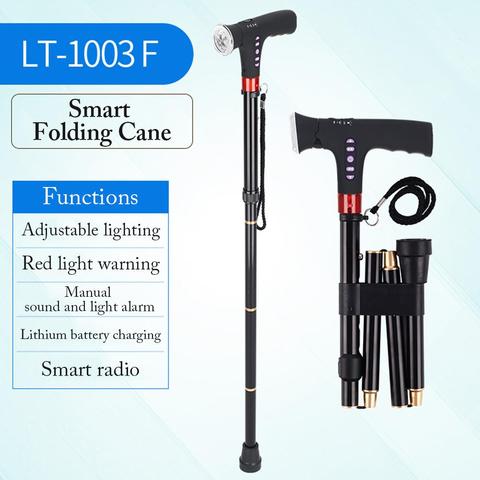 Travel Adjustable Folding Cane For Men Women With Alarm Led Light Radio And Cushionable Handle Suitable For Disabled And Elderly ► Photo 1/6