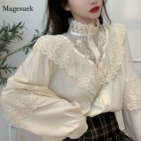 Fashion Korean Lace Up Ruffled Blouses Women Autumn Sweet Loose Clothes Stand Collat Ladies Tops Vintage Lace Shirts Women 11335 ► Photo 1/6