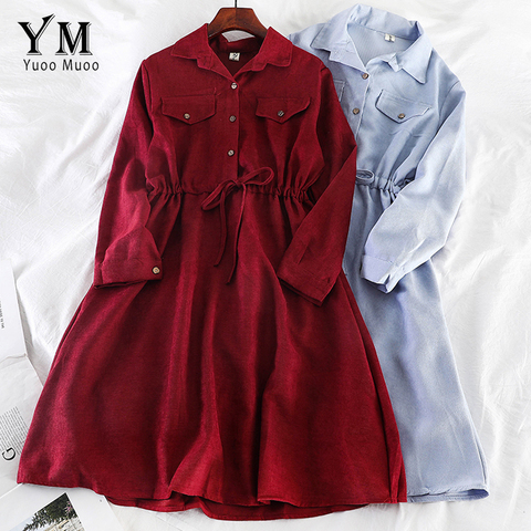 YuooMuoo Vintage Pockets Design Women Shirt Dress 2022 Autumn Winter Drawstring A Line Midi Dress Elegant Ladies Office Dresses ► Photo 1/6