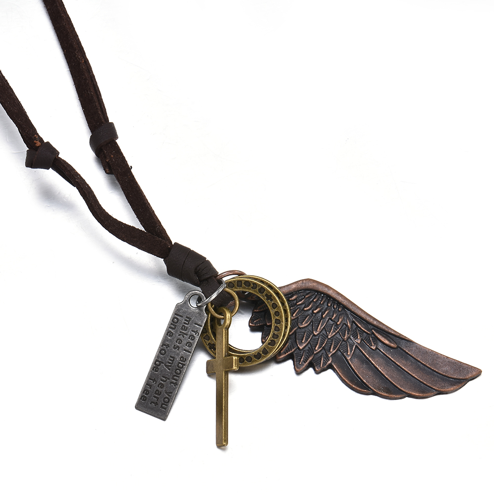 Charm Retro Bronze Angel Wing Cross Pendant Adjustable Leather Necklace Jewelry
