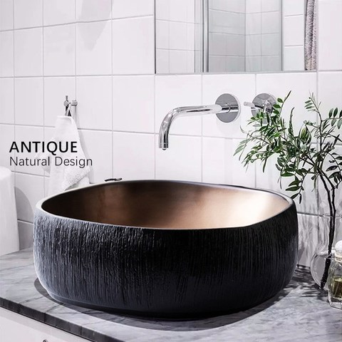 Ceramic Vessel Antique Square Stone Design Art Sinks Bathroom Washing Basin Bowl Above Counter Lavatary Balcony Black ► Photo 1/5