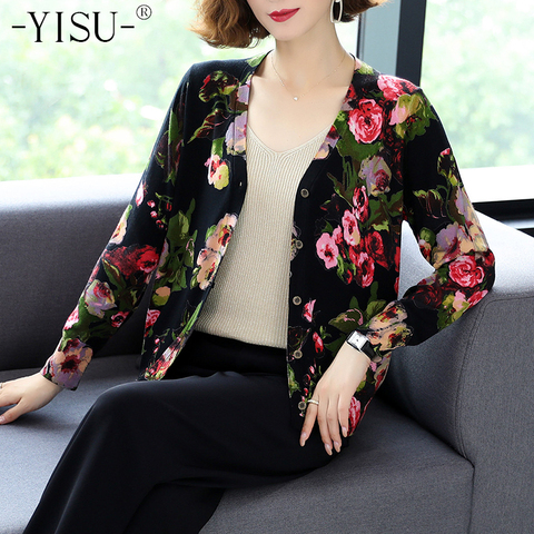 YISU 2022 Autumn Casual Knit Cardigan Women Long sleeve V-neck Knit Top Soft Sweater Fashion Flower print sweater cardigan Women ► Photo 1/6