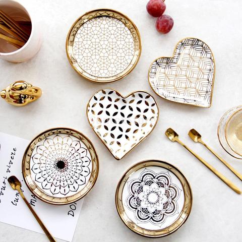 Ceramic Dish Plate Delicate Jewelry Tray Kitchen Tableware Home Dining Dish with Golden Trim for Necklace ► Photo 1/5