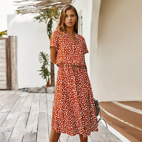 Fashion Polka Dot Print Dress Women High Waist Sashes A Line Summer Dress Short Sleeve Single-Breasted Bohemian Midi Dresses ► Photo 1/5