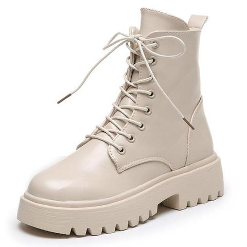 White Leather Classic Flat Bottom Women's Lace-up Mid-heel High-heeled Winter Shoes Everyday Short Boots Women Botas De Mujer ► Photo 1/6