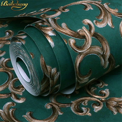 beibehang Vintage green damascus sculpture wallpaper retro European bedroom wallpaper for living room TV background long fiber ► Photo 1/1