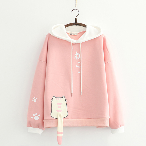 Kawaii Anime Women Pink Hoodies Teens Winter Fleece Warm Soft Girl Cute Cat Tail White Hooded Sweatshirt Female Pullover 2022 ► Photo 1/6